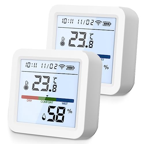Thermometer Hygrometer Innen Außen, Bluetooth+WLAN 120m Reichweite, IP65 Digitales Thermo-Hygrometer mit Hohen Genauigkeit, Feuchtigkeitssensor Temperatursensor Luftfeuchtigkeitsmesser (2 Stück) von FUFRE