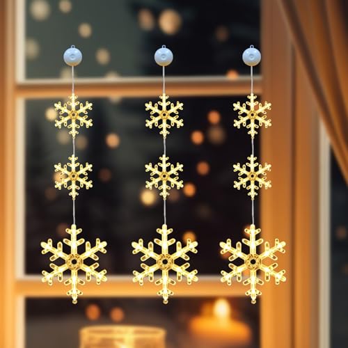 Weihnachtsbeleuchtung Fenster Weihnachtsdeko Innen, LED Schneeflocke Fensterbeleuchtung mit Saugnäpfe, Batteriebetriebene, Warmweiß LED Weihnachtsstern für Hochzeit Party Weihnachten Deko (3 Stück) von FUFRE