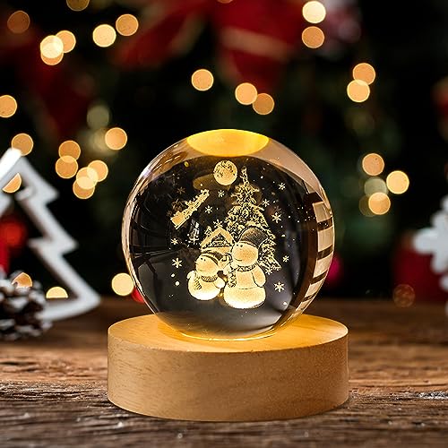 Weihnachtsdeko Innen LED Schneemann Dekoleuchte 3D Kristallkugel Nachtlicht, Weihnachten Deko Glaskugel Nachtlampe mit Holzsockel, Weihnachten Geburtstag Geschenk für Frauen Männer (Schneemann) von FUFRE
