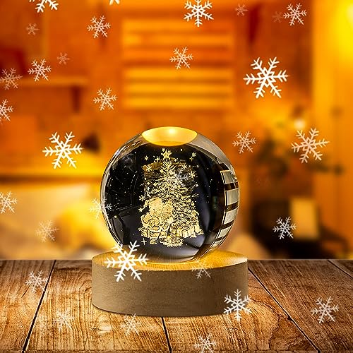 Weihnachtsdeko Innen LED Weihnachtsmann Dekoleuchte 3D Kristallkugel Nachtlicht, Weihnachten Deko Glaskugel Nachtlampe mit Holzsockel, Weihnachten Geburtstag Geschenk für Frauen Männer Kinder Teenager von FUFRE