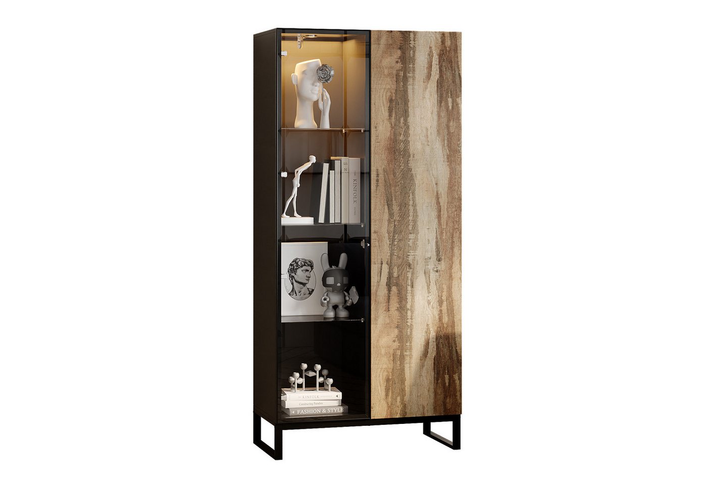 FUFU&GAGA Glasvitrine Vitrine mit Rundstrahler, Schwarz & Holzoptik, MDF+Glas, 80×41×175 cm FUFU&GAGA Glasvitrine Vitrine mit Rundstrahler, Schwarz & Holzoptik, MDF+Glas, 80×41×175 cm von FUFU&GAGA