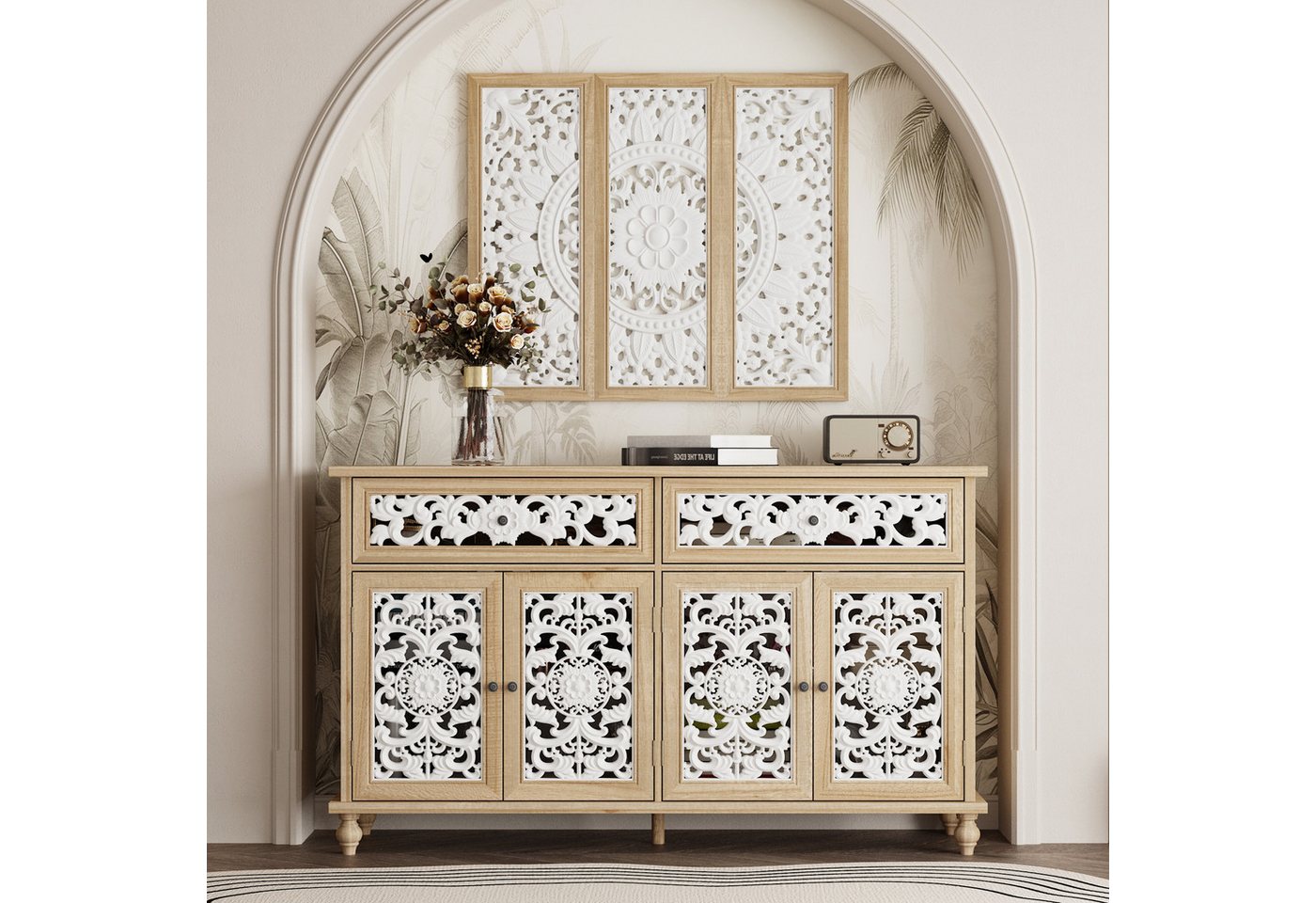 FUFU&GAGA Sideboard mit 2- Türen und 2- Schubladen, mit geschnitzten Zierplatten von FUFU&GAGA