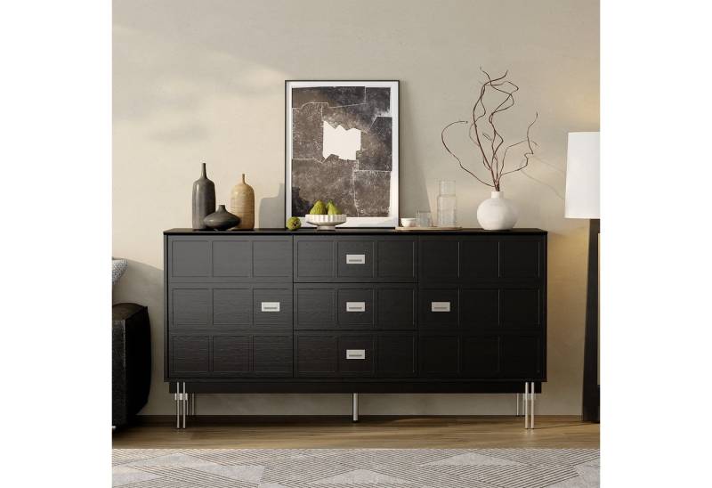 FUFU&GAGA Sideboard mit 2 Türen und 3 Schubladen, schwarze Holzmaserung-Oberflächeund von FUFU&GAGA