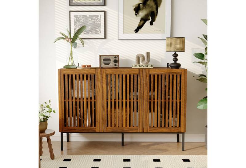 FUFU&GAGA Sideboard mit 3 Türen, Walnussfarbenes Sideboard mit Gittermuster von FUFU&GAGA
