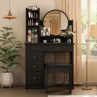 Schminktisch mit Spiegel,Schminktische mit 5 Schubladen,Regalen,Frisiertisch mit Hocker Kosmetiktisch Schwarz,Kommode und gepolstertem Hocker-Set 135 von FUFU&GAGA