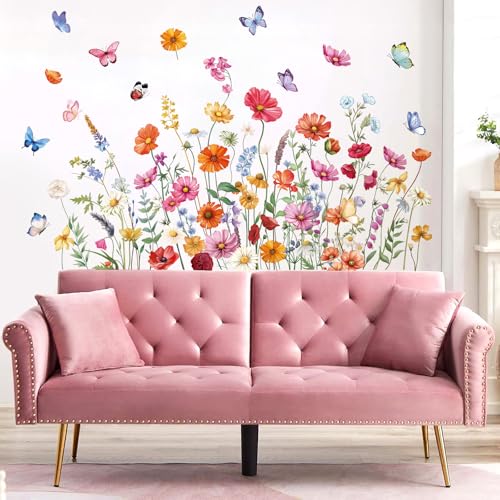 Fufuquare Entfernbare Vinyl Botanische Gänseblümchen Wandtattoo Wilde Blumen Schmetterlinge Blumen Wandaufkleber für Badezimmer Schlafzimmer Wohnzimmer von FUFUQUARE