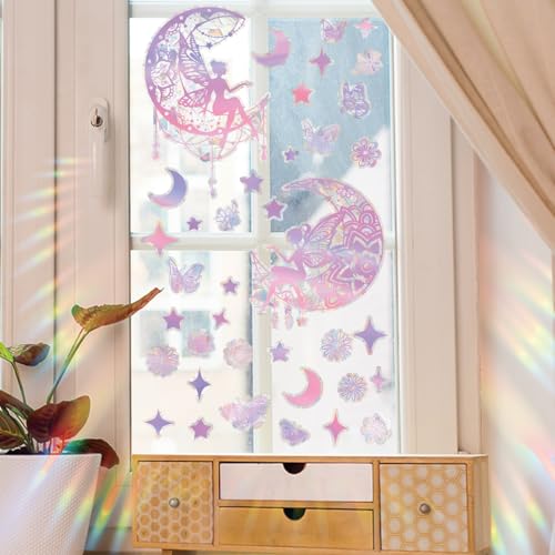 Fufuquare Rosa Cartoon Fee Mond Stern Statische Haftung Aufkleber Entfernbare Elektrostatische Fenster Aufkleber für Mädchen Schlafzimmer Wohnzimmer von FUFUQUARE