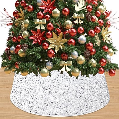 FUHSY Pailletten-Weihnachtsbaumkragen Weißer Weihnachtsbaumrock 60 cm Durchmesser Runde glitzernde Pailletten-Baumröcke Samt-Weihnachtsbaumring-Box Weihnachtsmann-Baumständer-Basisabdeckung von FUHSY