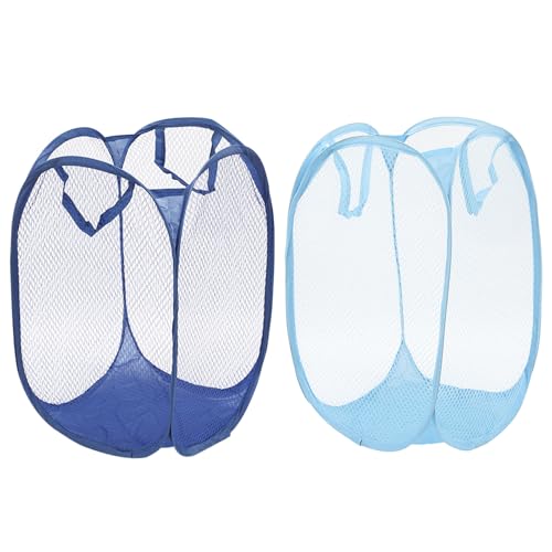FUIPVGI 2 Stück Pop Up Wäschekörbe, Faltbarer Wäschekorb mit Griff, Wäschekorb Klappbar aus Mesh Tragbar Schmutzwäschesack Wäschetonne für Kinderzimmer Studentenwohnheim (Blau, Marineblau) von FUIPVGI