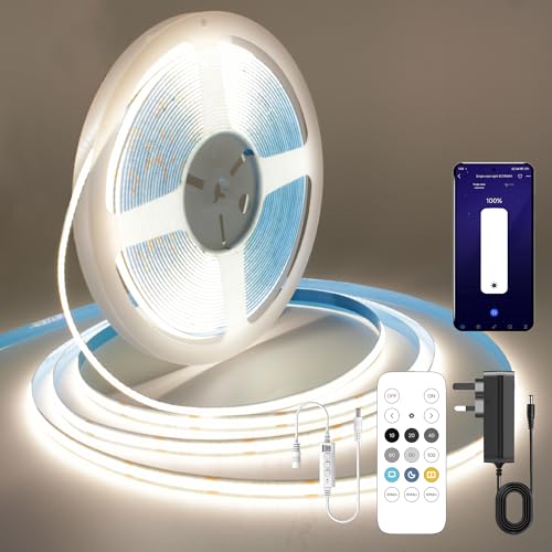 FUIQI COB LED Streifen 10m, Neutralweiß 4000K LED Streifen, 24V Lichtband Dimmbar mit Fernbedienung und Netzteil, Smart App, CRI>90, 8mm Breite, für Schlafzimmer, Küchen, Schränke von FUIQI