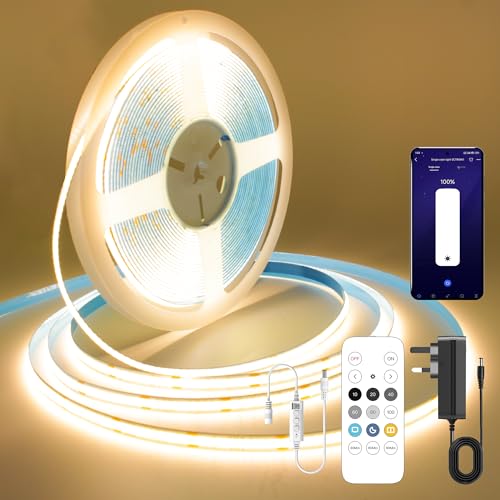 FUIQI COB LED Streifen 10m, Warmweiß 2700K LED Streifen, 24V Lichtband Dimmbar mit Fernbedienung und Netzteil, Smart App, CRI>90, 8mm Breite, geeignet für Schlafzimmer, Küchen, Schränke von FUIQI