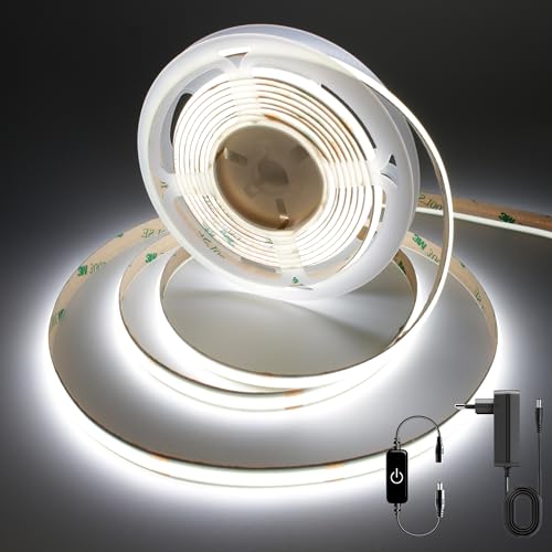 FUIQI COB LED Streifen 3m,Kaltweiß 6000K Touch Dimmbar 24V LED strip Mit Adapter,320LED/M,CRI>90,8mmbreit,Zuschneidbarer selbstklebender Lichtstreifenfür Schlafzimmer,Küchen,Schränke von FUIQI