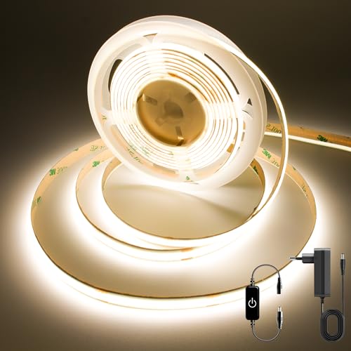 FUIQI COB LED Streifen 3m,Neutralweiß 4000K Touch Dimmbar 24V LED strip Mit Adapter,320LED/M,CRI>90,8mmbreit,Zuschneidbarer selbstklebender Lichtstreifenfür Schlafzimmer,Küchen,Schränke von FUIQI