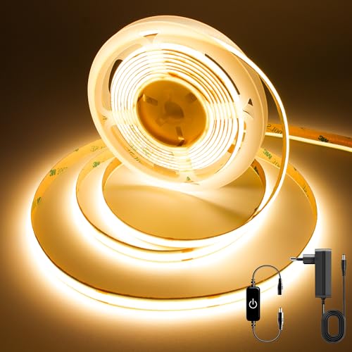 FUIQI COB LED Streifen 3m,warmweiß 2700K Touch Dimmbar 24V LED strip Mit Adapter,320LED/M,CRI>90,8mmbreit,Zuschneidbarer selbstklebender Lichtstreifenfür Schlafzimmer,Küchen,Schränke von FUIQI