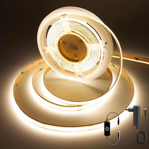FUIQI COB LED Streifen 3m,warmweiß 3000K Touch Dimmbar 24V LED strip Mit Adapter,320LED/M,CRI>90,8mmbreit,Zuschneidbarer selbstklebender Lichtstreifenfür Schlafzimmer,Küchen,Schränke von FUIQI