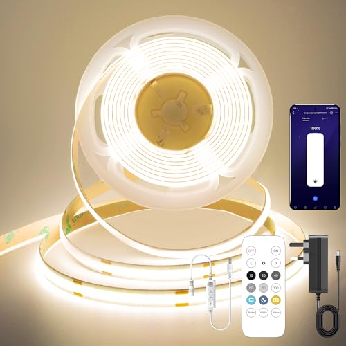 FUIQI COB LED Streifen 5m, Neutralweiß 4000K LED Streifen, 24V Lichtband Dimmbar mit Fernbedienung und Netzteil, Smart App, CRI>90, 8mm Breite, geeignet für Schlafzimmer,Küchen,Schränke von FUIQI