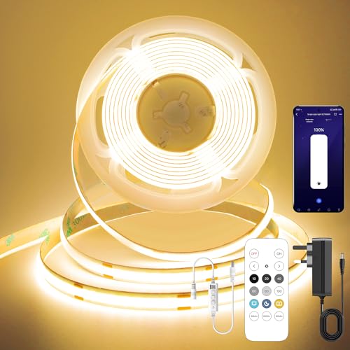 FUIQI COB LED Streifen 5m, Warmweiß 2700K LED Streifen, 24V Lichtband Dimmbar mit Fernbedienung und Netzteil, Smart App, CRI>90, 8mm Breite, für Schlafzimmer, Küchen, Schränke von FUIQI