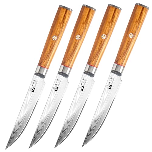 FUJUNI Steakmesser Damast 4er Set Mit Extrem Scharf 12.5cm Klinge Aus 67 Lagen VG-10 Damaststahl Steakbesteck,Glattschliff, Olivenholzgriff, Geschenkbox von FUJUNI