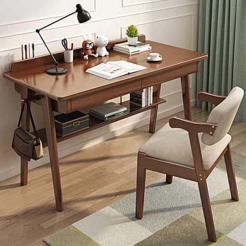 FUKEFUZ Büroschreibtisch Holz Mit Doppelter Schublade, Großer L-förmiger Gaming-Tisch Mit Stuhl, Unterer Ablagefläche Und Desktop-Leiste, Computertisch, 3 Farboptionen(Walnut,Armchair_47.2IN) von FUKEFUZ
