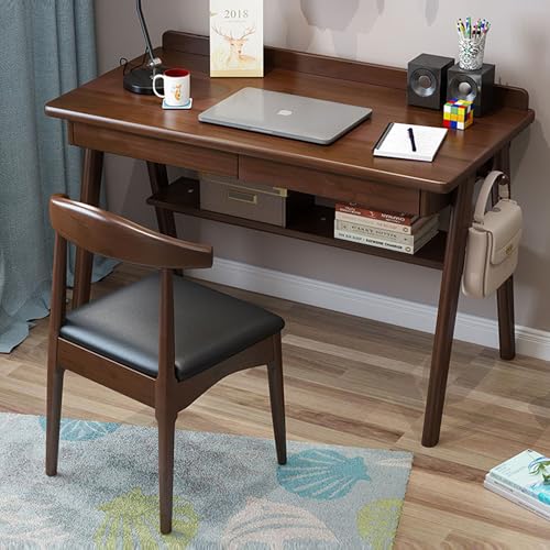 FUKEFUZ Büroschreibtisch Holz Mit Doppelter Schublade, Großer L-förmiger Gaming-Tisch Mit Stuhl, Unterer Ablagefläche Und Desktop-Leiste, Computertisch, 3 Farboptionen(Walnut,Horn Chair_47.2IN) von FUKEFUZ