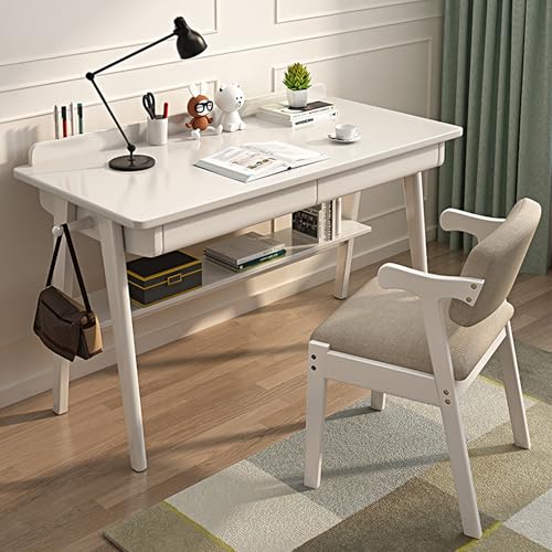FUKEFUZ Büroschreibtisch Holz Mit Doppelter Schublade, Großer L-förmiger Gaming-Tisch Mit Stuhl, Unterer Ablagefläche Und Desktop-Leiste, Computertisch, 3 Farboptionen(White,Armchair_47.2IN) von FUKEFUZ