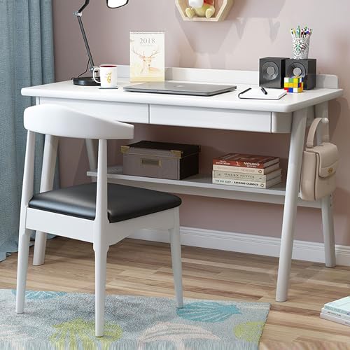 FUKEFUZ Büroschreibtisch Holz Mit Doppelter Schublade, Großer L-förmiger Gaming-Tisch Mit Stuhl, Unterer Ablagefläche Und Desktop-Leiste, Computertisch, 3 Farboptionen(White,Horn Chair_47.2IN) von FUKEFUZ