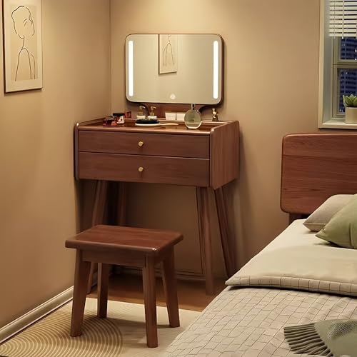 FUKEFUZ Frisiertisch Aus Gummibaumholz Mit LED-Leuchten Und Stuhl, Schminktisch Mit Platte Aus Gehärtetem Glas Und Schubladen, Kleine Kommode In Mehreren Farboptionen(Walnut,MOD.A_23.6IN) von FUKEFUZ