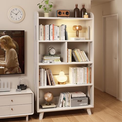 FUKEFUZ Hohes Eckbücherregal, Bücherregal Holz Mit Seitlicher Schallwand, Verdickte Ausstellungsregale, Einzigartiger Schwarzer Möbelschrank, Kleines Bücherschrank Für Kleine Schlafzimmer(Weiß,24.8in) von FUKEFUZ