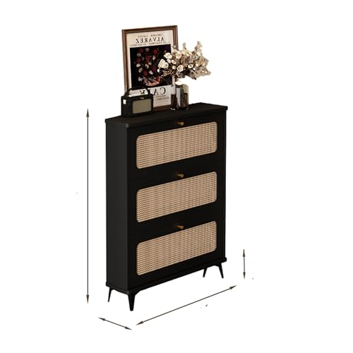 FUKEFUZ Klappbarer Schuhschrank Mit Rattantür, Aufbewahrungsorganisator Für Eingangsbereich Mit Herausnehmbaren Regalen, Schuhschrankhalter Mit Metallgriffen, Zwei Stärken(Black,Single_27.6IN) von FUKEFUZ