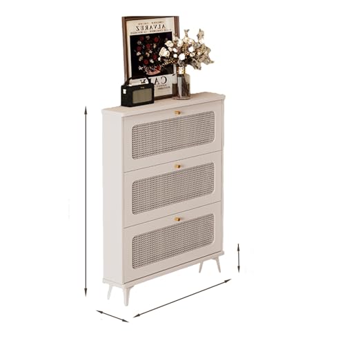 FUKEFUZ Klappbarer Schuhschrank Mit Rattantür, Aufbewahrungsorganisator Für Eingangsbereich Mit Herausnehmbaren Regalen, Schuhschrankhalter Mit Metallgriffen, Zwei Stärken(White,Single_23.6IN) von FUKEFUZ