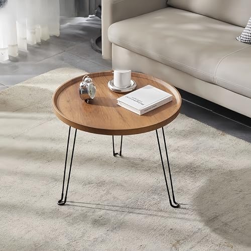 FUKEFUZ Kleiner Couchtisch Aus Holz Leicht Zu Verstauen Couch-/Bett-/Beistelltisch Rutschfestes Design Nachttisch Metallrahmen Runder Beistelltisch Für Wohnzimmer,Esszimmer,Wohndeko(Natural,50cm) von FUKEFUZ