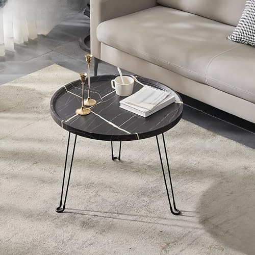 FUKEFUZ Kleiner Couchtisch Aus Holz Leicht Zu Verstauen Couch-/Bett-/Beistelltisch Rutschfestes Design Nachttisch Metallrahmen Runder Beistelltisch Für Wohnzimmer,Esszimmer,Wohndeko(Schwarz,50cm) von FUKEFUZ