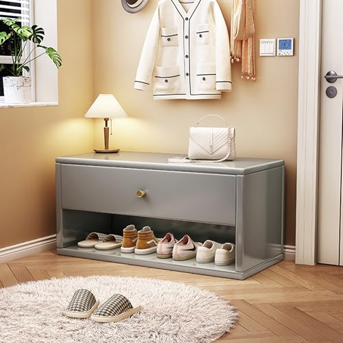 FUKEFUZ Schuhregalschrank Aus Massivholz, Ottomane Mit Stauraum, Eingangsbank-Organizer Für Die Vordertür Mit Mehreren Farboptionen, Offenes Regal Mit Schublade, Große Hockeroberfläche(Gray,23.6in) von FUKEFUZ