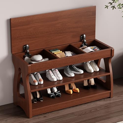 FUKEFUZ Schuhregalschrank Holz, Ottomane Mit Klappdeckel Und Stauraum, Eingangsbank Für Vordertür, Breiter Regal-Organizer Für Eingangsbereich, In 3 Farben Erhältlich, Geringer Platzbedarf(Walnut,STYL von FUKEFUZ