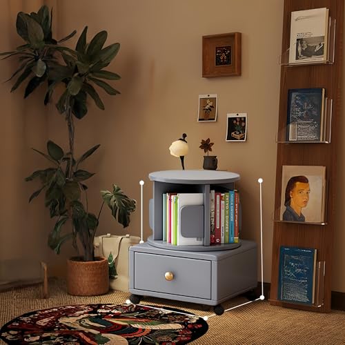 FUKEFUZ Schwarze Regale, Kleines Drehbares Bücherregal Massivholz, Mobil 360° Drehbar Rollen, Nachttisch Bücherschrank, In Mehreren Farben, Schublade Und Seitlicher Buchstütze(Gray,21.7in) von FUKEFUZ