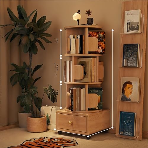 FUKEFUZ Schwarze Regale, Kleines Drehbares Bücherregal Massivholz, Mobil 360° Drehbar Rollen, Nachttisch Bücherschrank, In Mehreren Farben, Schublade Und Seitlicher Buchstütze(Natural,45.3in) von FUKEFUZ