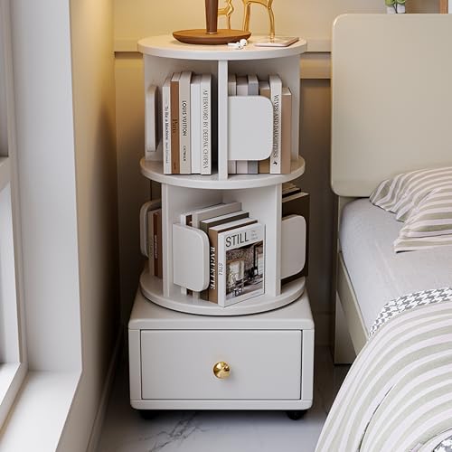 FUKEFUZ Schwarze Regale, Kleines Drehbares Bücherregal Massivholz, Mobil 360° Drehbar Rollen, Nachttisch Bücherschrank, In Mehreren Farben, Schublade Und Seitlicher Buchstütze(Weiß,33.5in) von FUKEFUZ