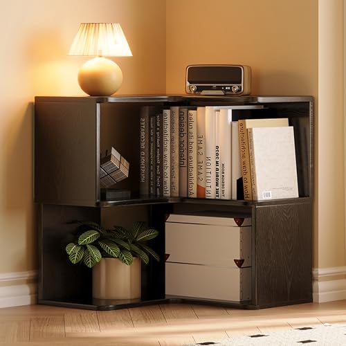 FUKEFUZ Schwarze Regale Mit Äußeren Buchstützen, Eckbücherregal Holz Mit Abgerundeten Kanten, Vitrine Mit Geringer Stellfläche, Mehrschichtig Bücherregal Für Das Schlafzimmer(23.6in) von FUKEFUZ