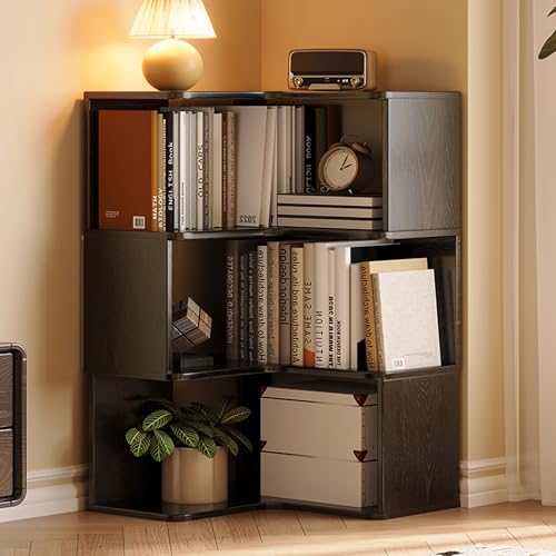 FUKEFUZ Schwarze Regale Mit Äußeren Buchstützen, Eckbücherregal Holz Mit Abgerundeten Kanten, Vitrine Mit Geringer Stellfläche, Mehrschichtig Bücherregal Für Das Schlafzimmer(35.4in) von FUKEFUZ