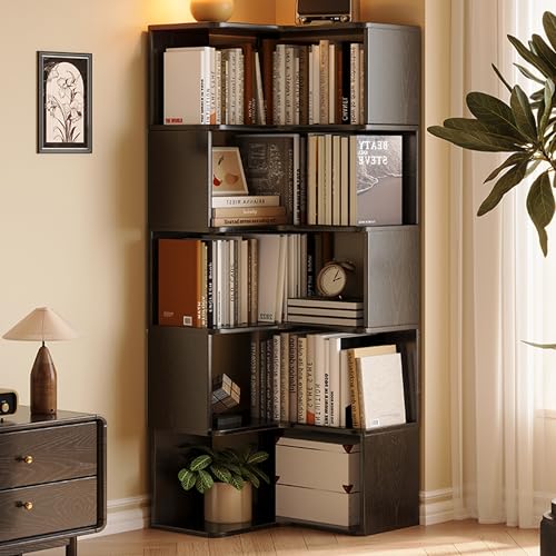FUKEFUZ Schwarze Regale Mit Äußeren Buchstützen, Eckbücherregal Holz Mit Abgerundeten Kanten, Vitrine Mit Geringer Stellfläche, Mehrschichtig Bücherregal Für Das Schlafzimmer(59.1in) von FUKEFUZ