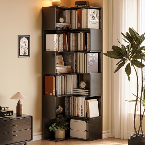 FUKEFUZ Schwarze Regale Mit Äußeren Buchstützen, Eckbücherregal Holz Mit Abgerundeten Kanten, Vitrine Mit Geringer Stellfläche, Mehrschichtig Bücherregal Für Das Schlafzimmer(70.9in) von FUKEFUZ