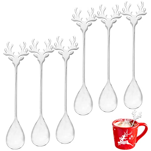 6 Stück Weihnachtslöffel Set, FUKPO Kreativer Dessert Löffel Edelstahl Elch Rührlöffel Kaffee Tee Suppe Dessertlöffel Weihnachten, Weihnachten Teelöffel Weihnachts Rührlöffel Zucker Eislöffel(Silber) von FUKPO