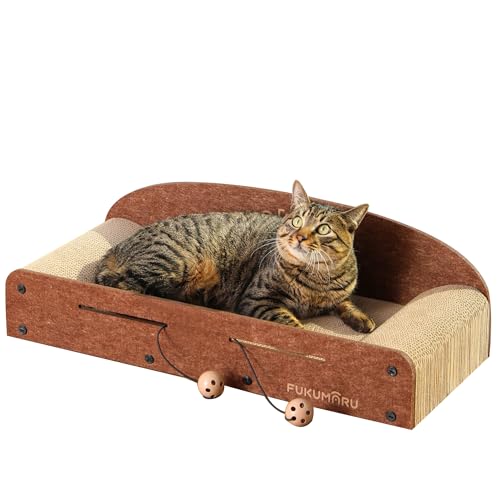 FUKUMARU Kratzbrett Katzen, 66CM langlebiges Kratzpappe, große Liege, 2 wendbare Katzenkratzpads für Katzen, recycelbares Katzenkratzbett aus Wellpappe mit Glockenballspielzeug von FUKUMARU