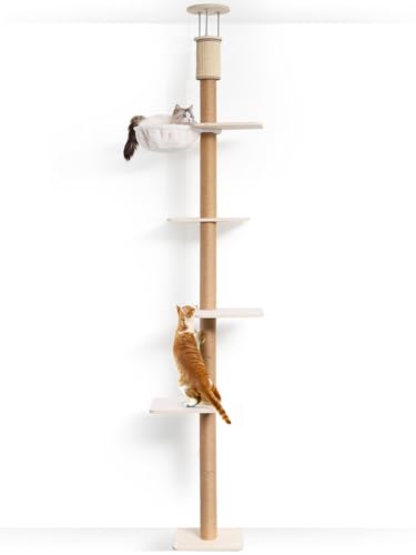 FUKUMARU Kratzbaum, 4 Etagen bis zur Decke reichender Katzenturm(251-274cm), wandmontierter Katzenbaum, aus robuster Multiplexplatte und Jute, mit gemütlicher Hängematte von FUKUMARU