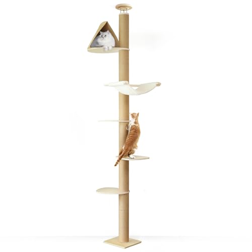FUKUMARU Kratzbaum, 6 Etagen bis zur Decke reichender Katzenturm(282-305cm), wandmontierter Katzenbaum,aus Natürliches Gummibaumholz, mit Katzenversteck-Zelt und gemütlicher Hängematte,beige von FUKUMARU