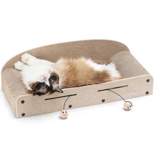 FUKUMARU Kratzbrett Katzen, 66CM langlebiges Kratzpappe und Filz, große Liege, 2 wendbare Katzenkratzpads für Katzen, recycelbares Katzenkratzbett aus Wellpappe mit Glockenballspielzeug, Beige von FUKUMARU