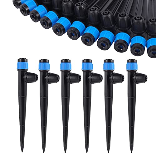 Tropfbewässerungsemitter mit einstellbarem 360-Grad-Wasserfluss-Tropfer-Sprüher für 1/4-Zoll-Schläuche, Garten-Tropfer-Sprüher (50pcs-Blue 360 Grad Sprayer) von FULAIERGD