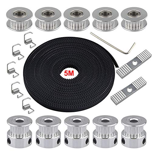 QitinDasen 5m GT2 Zahnriemen 2mm Pitch 6mm Breite, mit 5Pcs Zahnriemenscheibe und 5Pcs Idler 20 Zähne 5mm Bohrung, 5Pcs Spanner Torsionsfeder, 2Pcs Zahnriemen Klemmen, 2mm Allen Wrench von QitinDasen