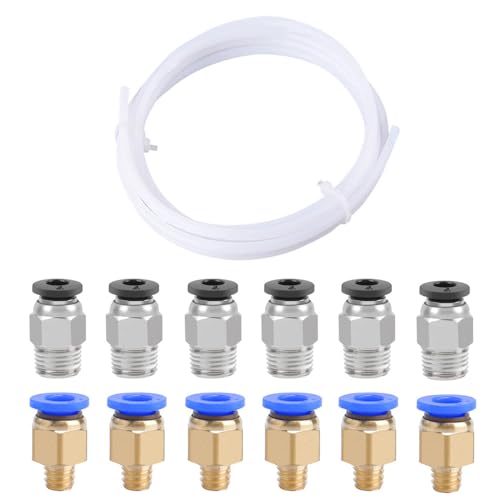 QitinDasen 3 Meter 3D Drucker PTFE Teflonschlauch, mit 6 Stück PC4-M6 Pneumatik Verbinder und 6 Stück PC4-M10 Pneumatik Verbinder von QitinDasen