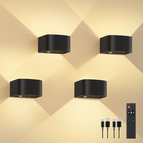 FULEN 4 Stück Akku Wandlampe Innen mit Bewegungssensor,Fernbedienung 3 Farben Wandlicht Up and Down Innen LED Wandleuchte 3 Modi Wiederaufladbare Batteriebetriebene Wandlampen Helligkeit Einstellbar von FULEN